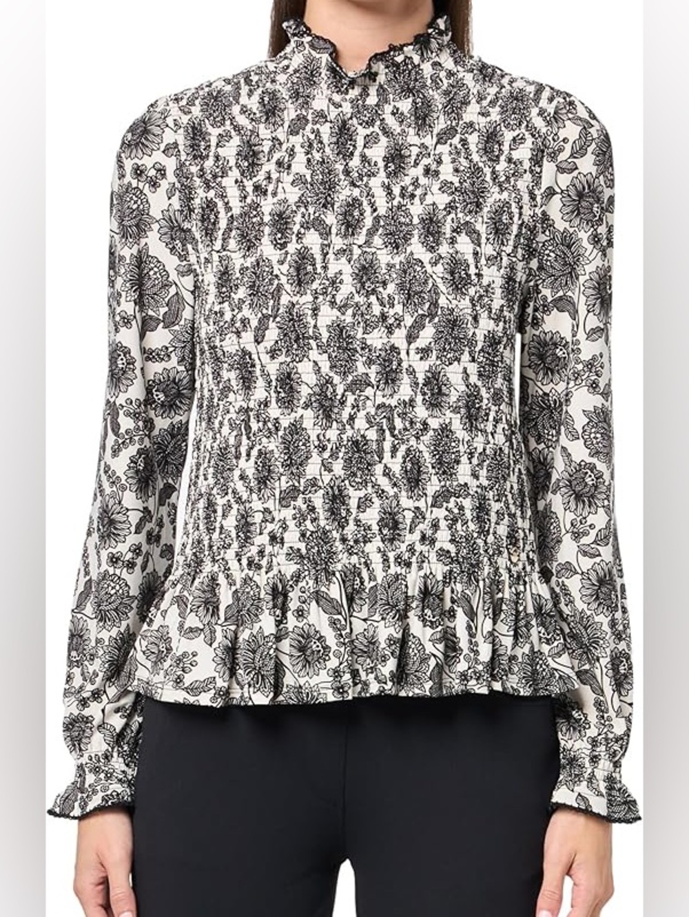 Tommy Hilfiger Black & White Floral Smocked Long-Sleeve Top - Picture 9 of 9